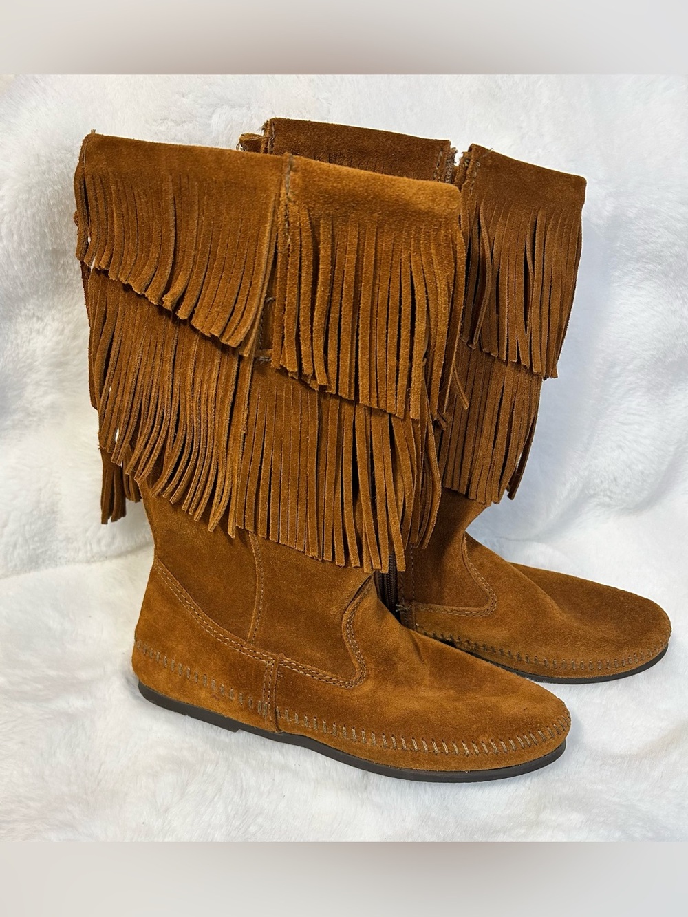 Minnetonka Brown Suede 2-Layer Fringe Moccasin Boots Mid-Calf